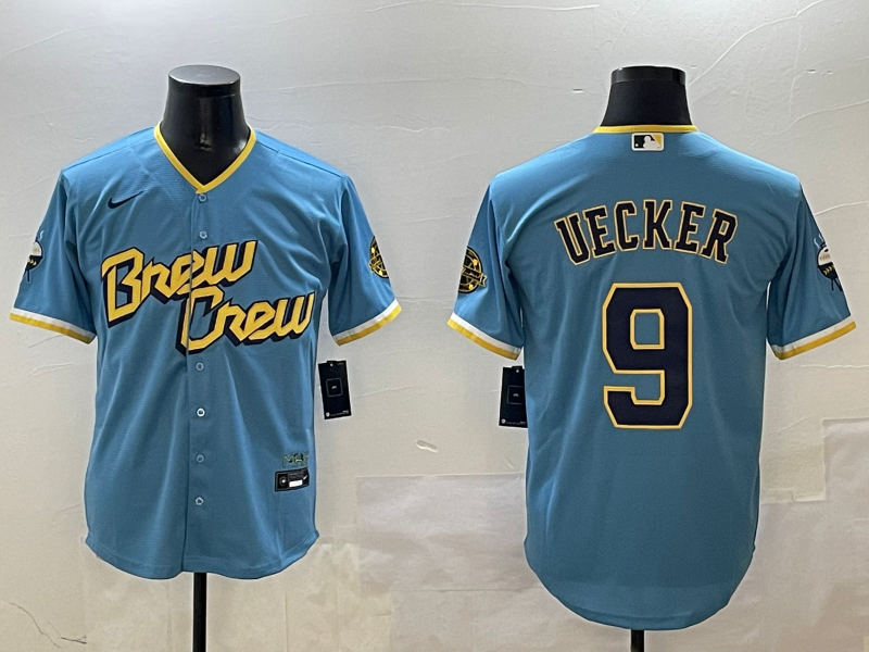 Men's Milwaukee Brewers Bob Uecker #9 Powder Blue City Connect Jersey